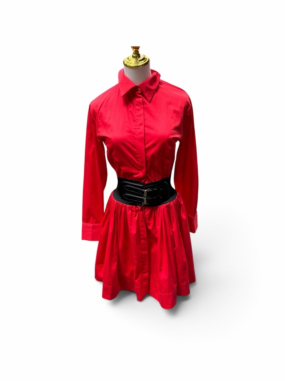 Karina Grimaldi Red Long-Sleeve Shirt Dress with Black Cinch Elastic Waist Belt